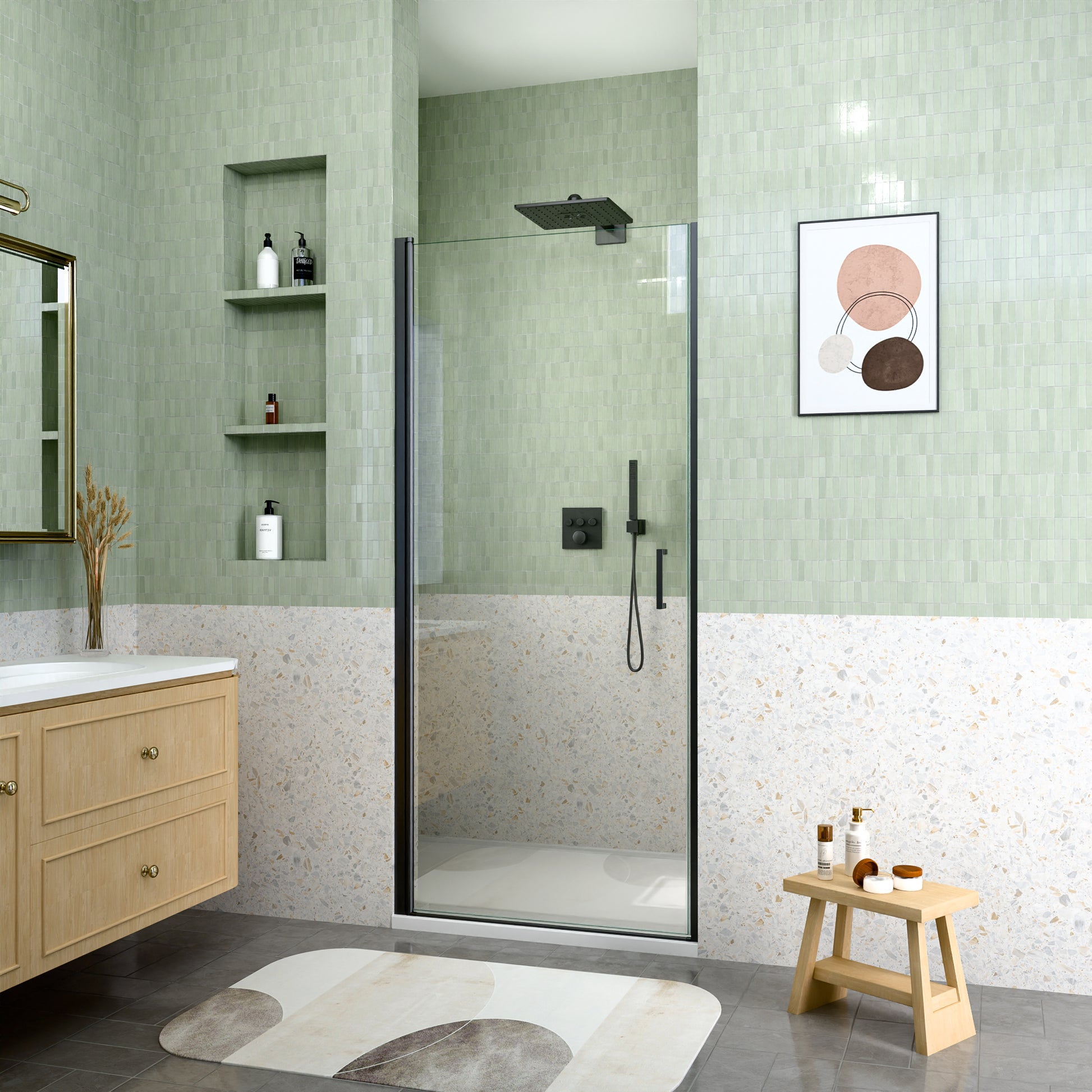 34" W x 72" H Semi-Frameless Circular Pivot Shower Door in Matte Black With 1/4" (6mm) Thick SGCC Tempered Glass image 3