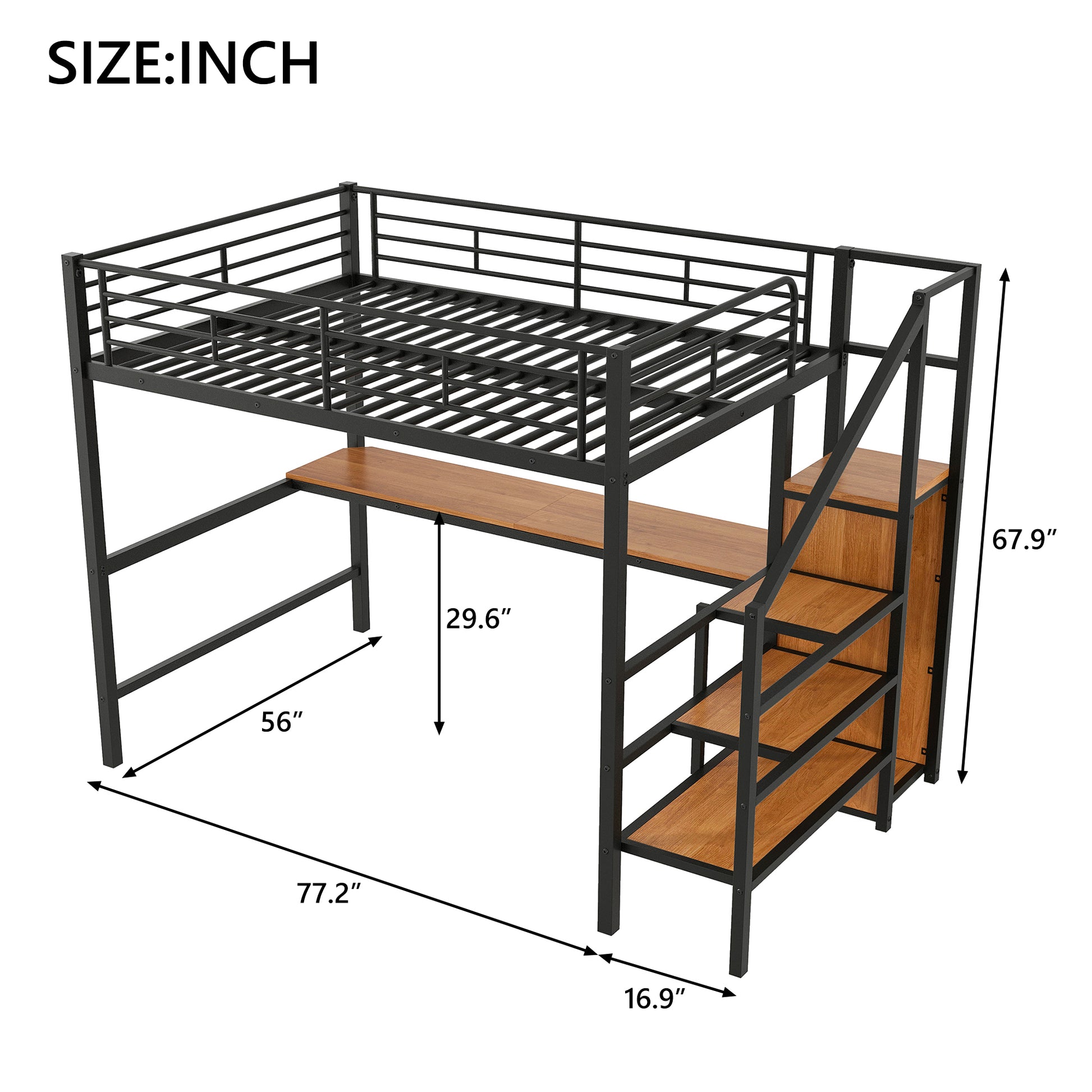 Full Size Metal Loft Bed with Desk, Storage Staircase, Small Wardrobe and LED Light,Black image 5