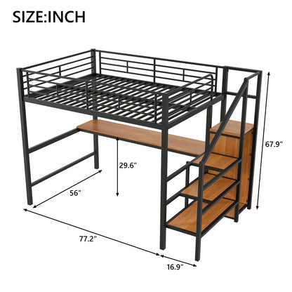 Full Size Metal Loft Bed with Desk, Storage Staircase, Small Wardrobe and LED Light,Black image 5