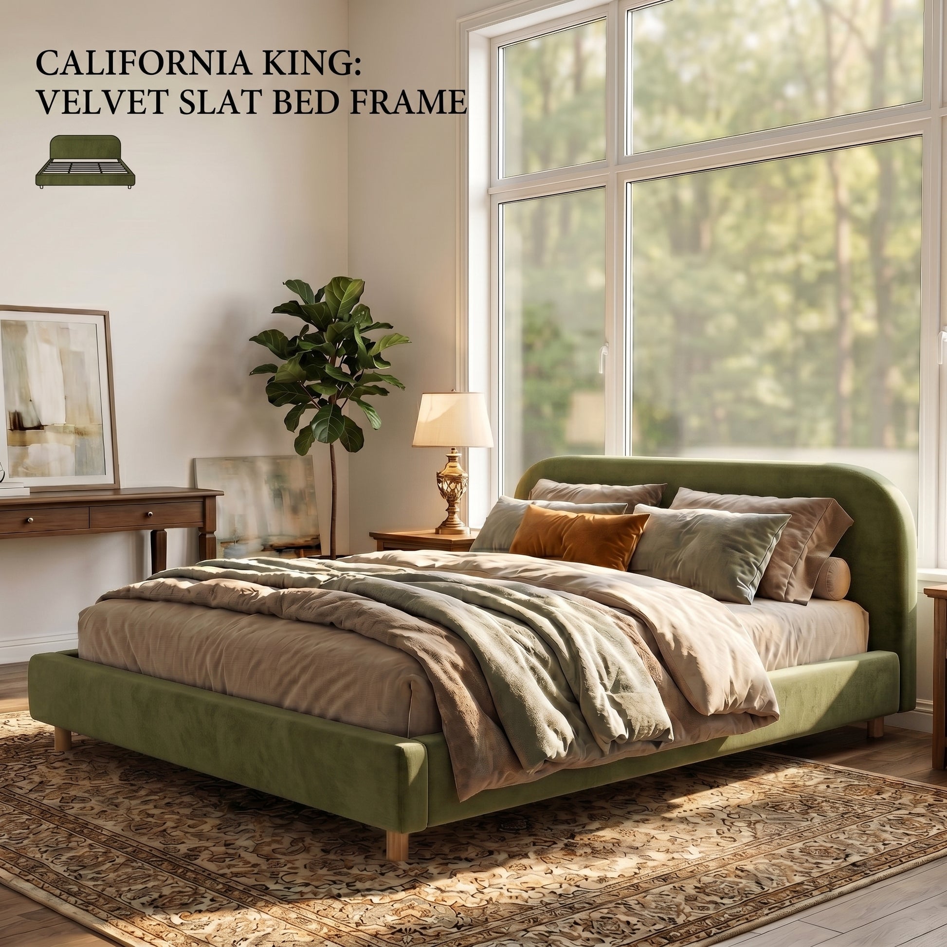 California King Size Upholstered Bed Frame With Velvet Fabric And Curve Design Thick Headboard, Solid Wood Legs, Olive Green image 2