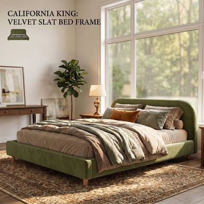 California King Size Upholstered Bed Frame With Velvet Fabric And Curve Design Thick Headboard, Solid Wood Legs, Olive Green image 2
