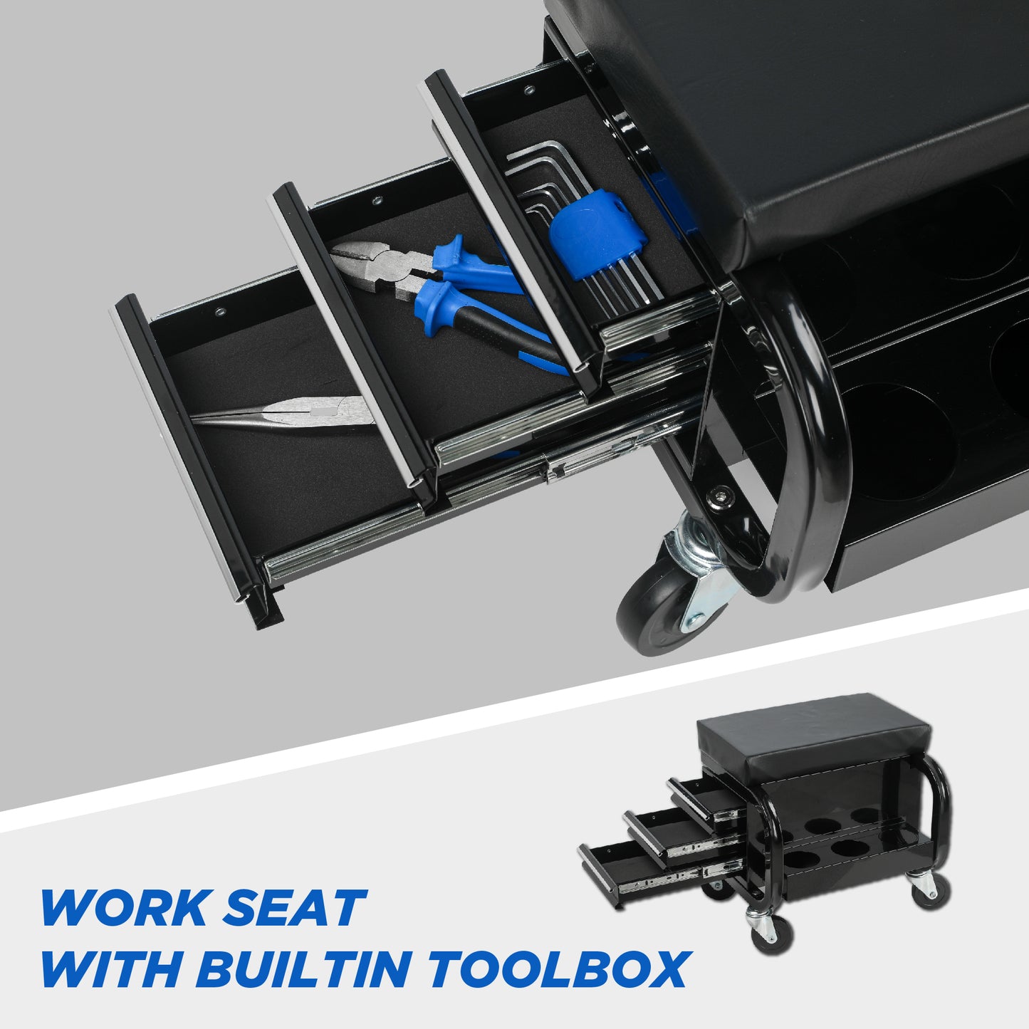 Rolling Creeper Garage/Shop Seat with Three Built-in Drawers, Rolling Tool Chest,Black image 6