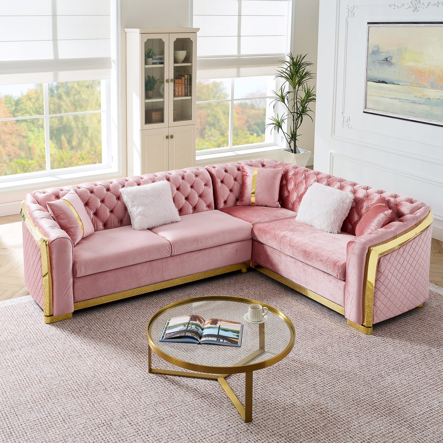 106 Inches L-Shaped Chesterfield Sectional Sofa Set with Gold Stainless Steel Accents, Velvet Button Tufted Sofa with 5 Pillows Luxury Couch for Living Room, Pink image 2