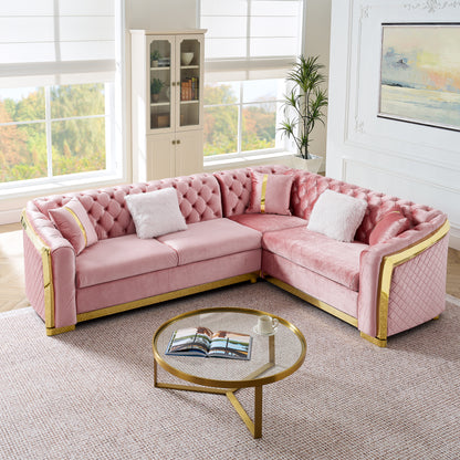 106 Inches L-Shaped Chesterfield Sectional Sofa Set with Gold Stainless Steel Accents, Velvet Button Tufted Sofa with 5 Pillows Luxury Couch for Living Room, Pink image 2