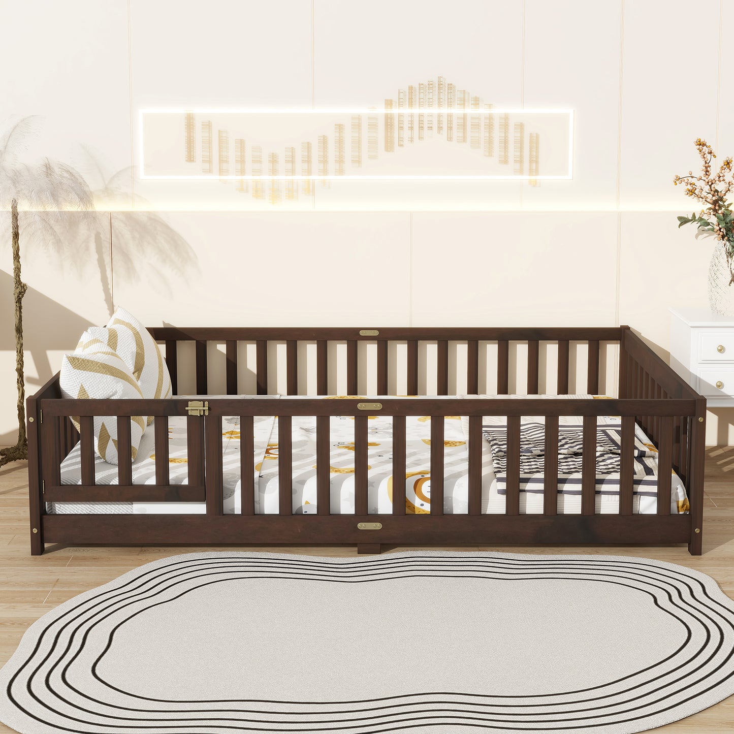 Full Size Floor Bed with Fence and Door,Rubber Wood Floor Bed with Safety Guardrails,Espresso (Old Sku W504P286381) image 5