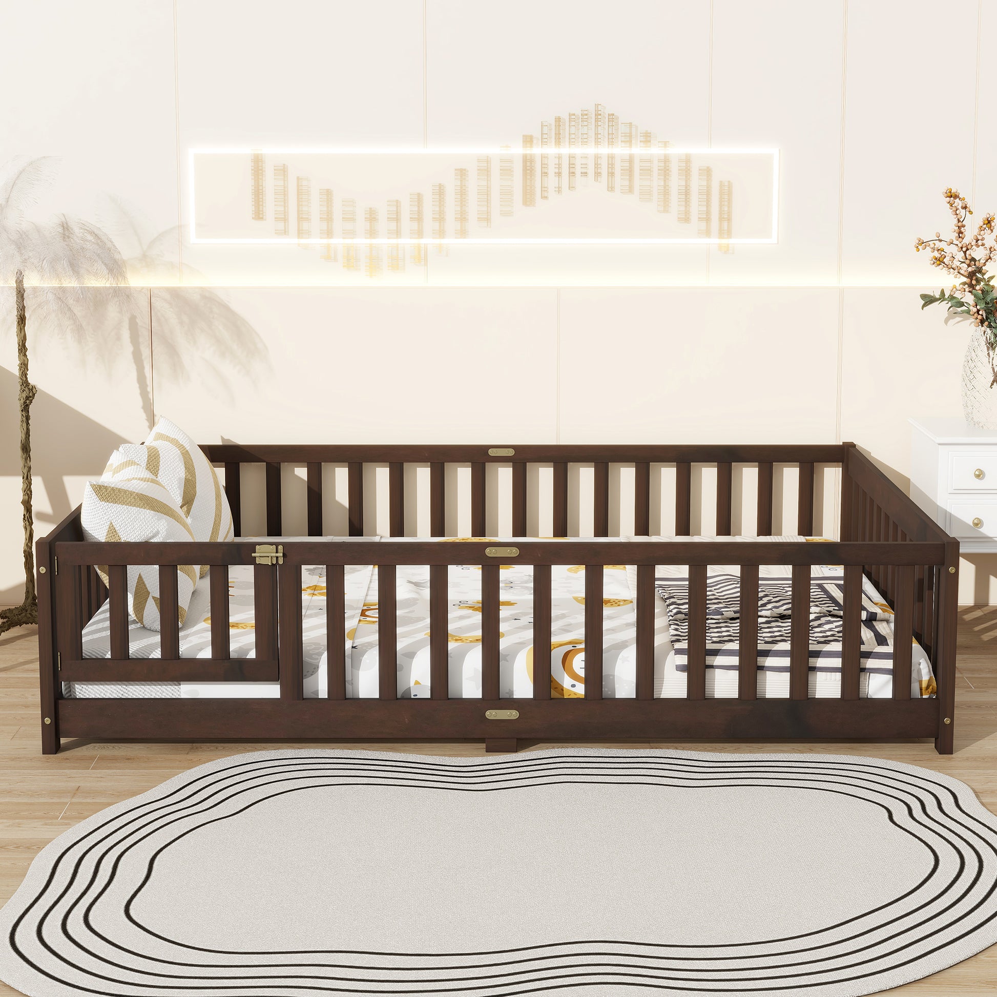 Full Size Floor Bed with Fence and Door,Rubber Wood Floor Bed with Safety Guardrails,Espresso (Old Sku W504P286381) image 5