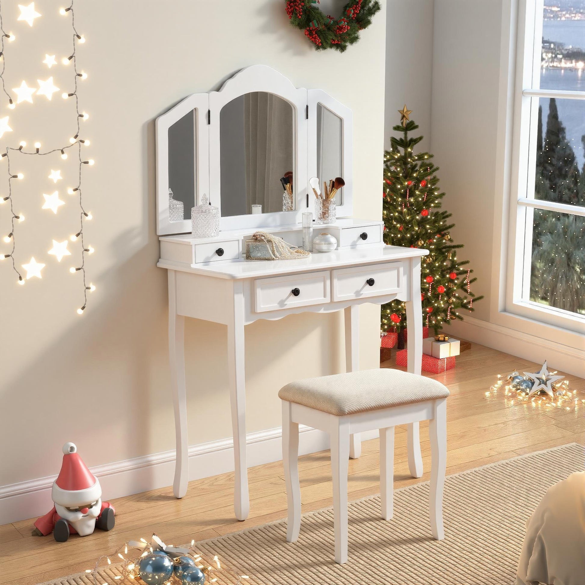 Sanlo Wooden Vanity Make Up Table and Stool Set, White image 1