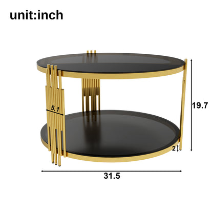 Living Room Table Set of 3 with 1 Coffee Table and 2 End Tables, Round, Tempered Glass, Asymmetrical Metal, Gold Finish & Lower Shelf, 31.5" image 5