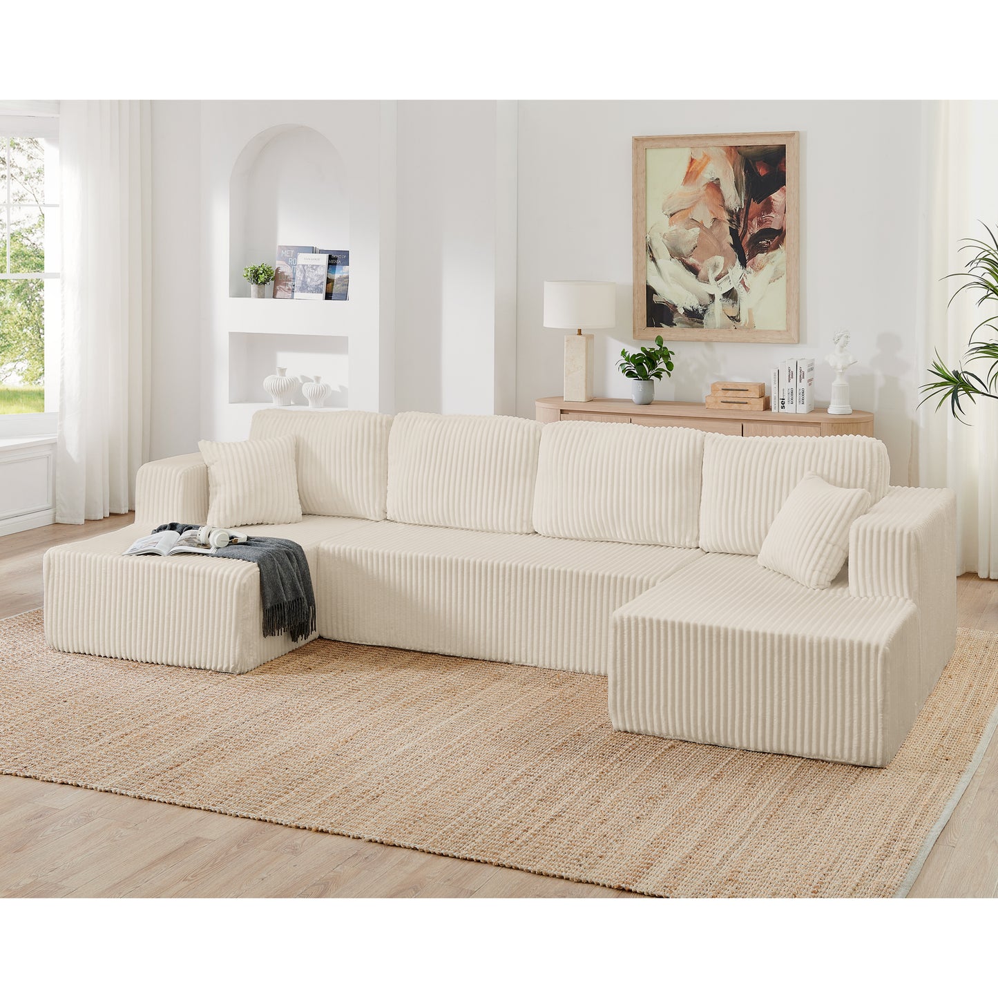 U shape Modular Sectional Sofa, Compressed Sectional Sofa Modern Minimalist Style Corduroy Couch, Sleeper Sofa for Living Room, Bedroom, Comfy Compressed Sofa Couch Space-Efficient Design-beige image 1