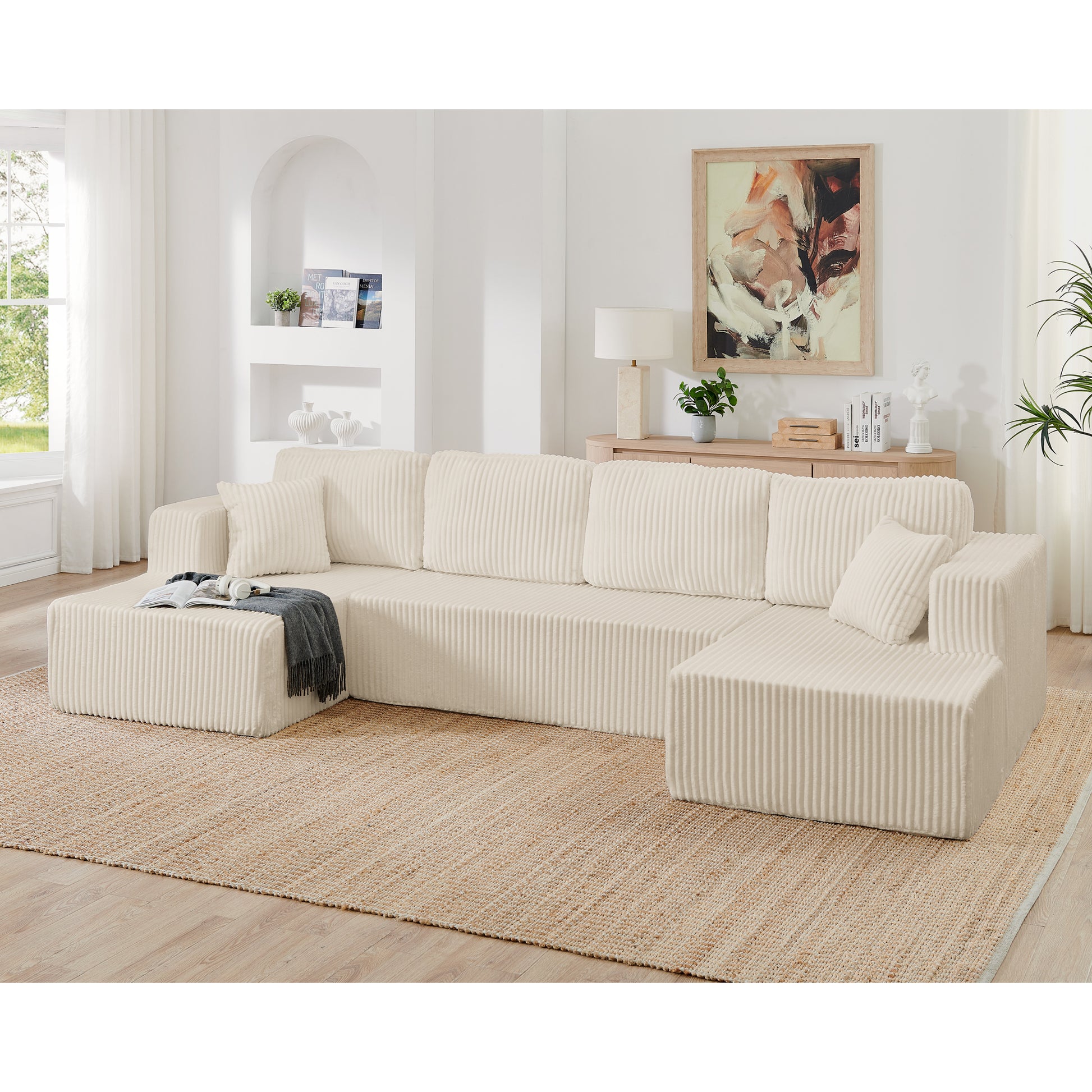 U shape Modular Sectional Sofa, Compressed Sectional Sofa Modern Minimalist Style Corduroy Couch, Sleeper Sofa for Living Room, Bedroom, Comfy Compressed Sofa Couch Space-Efficient Design-beige image 1