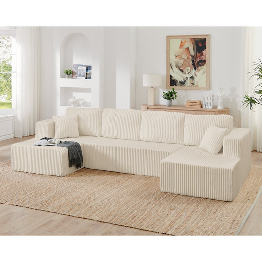U-shape modular sectional sofa in beige corduroy fabric, front view