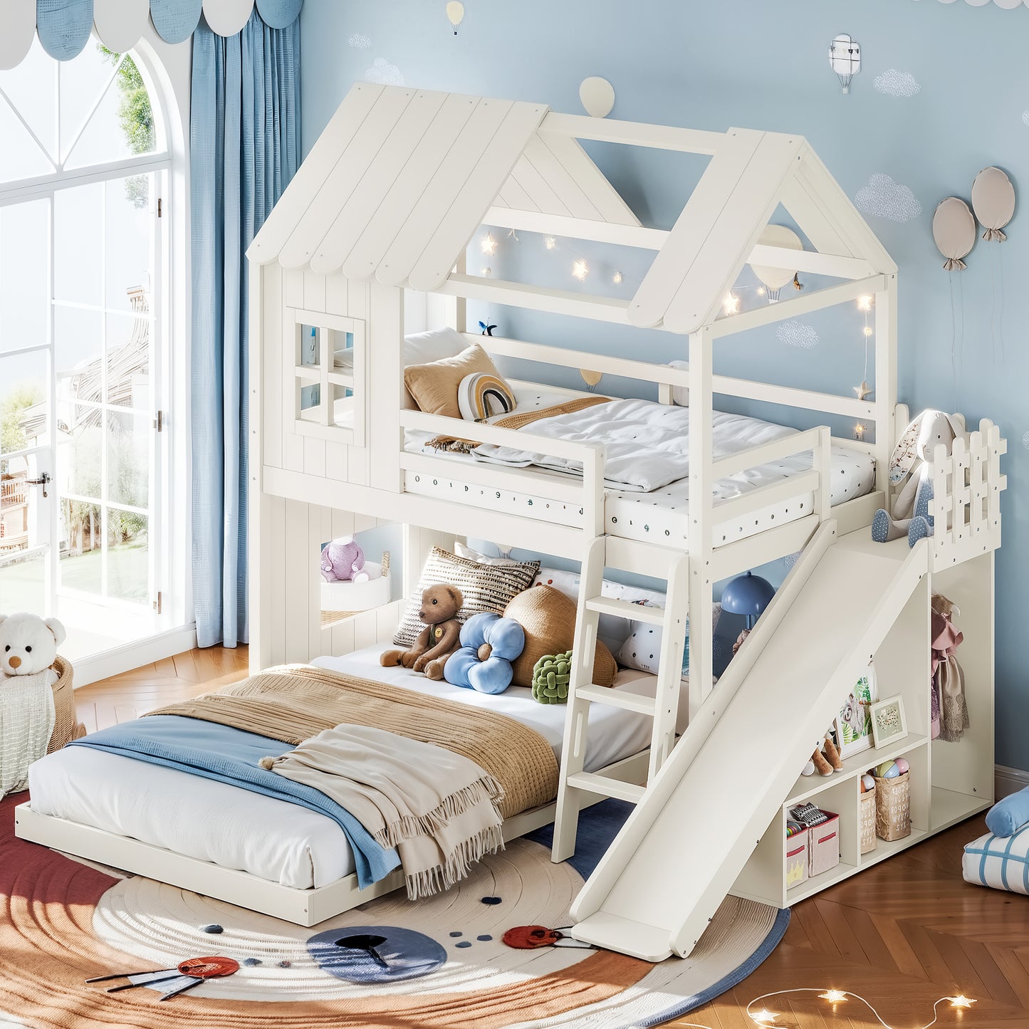 Twin over Full House Bunk Bed with Ladders and Slides, House Floor Bunk Bed with Storage Shelves and Wardrobe, Playhouse Design,Beige image 2