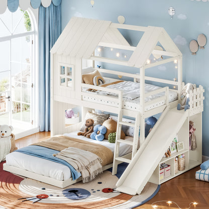 Twin over Full House Bunk Bed with Ladders and Slides, House Floor Bunk Bed with Storage Shelves and Wardrobe, Playhouse Design,Beige image 2