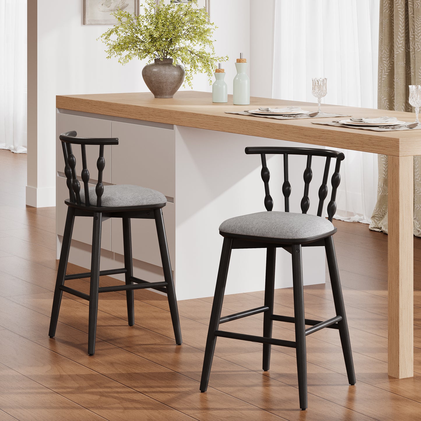 Doria Indoor Wooden Barstool, Black Finish With Grey Upholstery, Set of 2 image 1