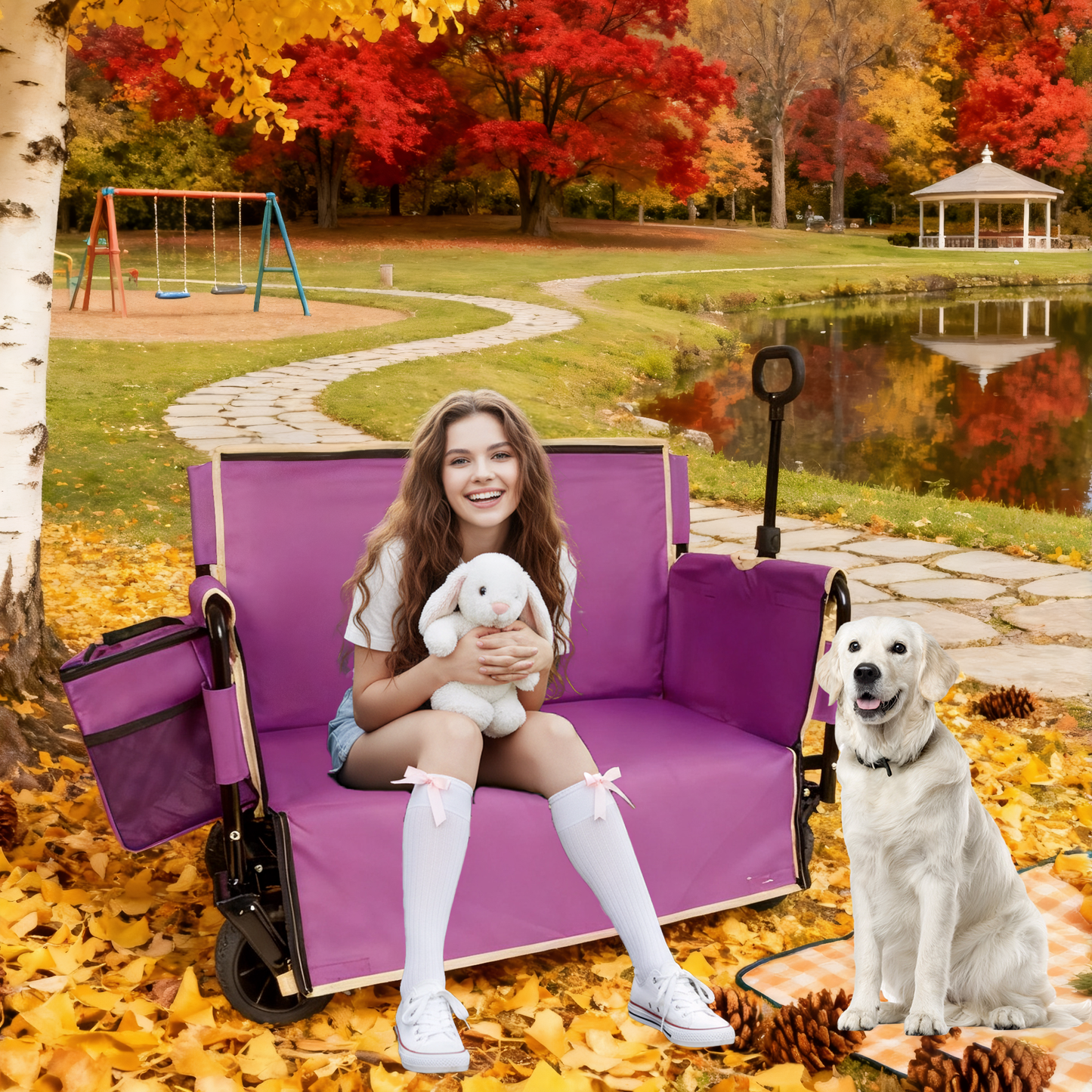 3-in-1 Folding Wagon Cart with Bench Seat & Storage, patent protection - Includes 1 ice pack, 500lbs Heavy-Duty, 180L Capacity All-Terrain Wheels for Camping, Beach, Sports, Garden, purple image 5