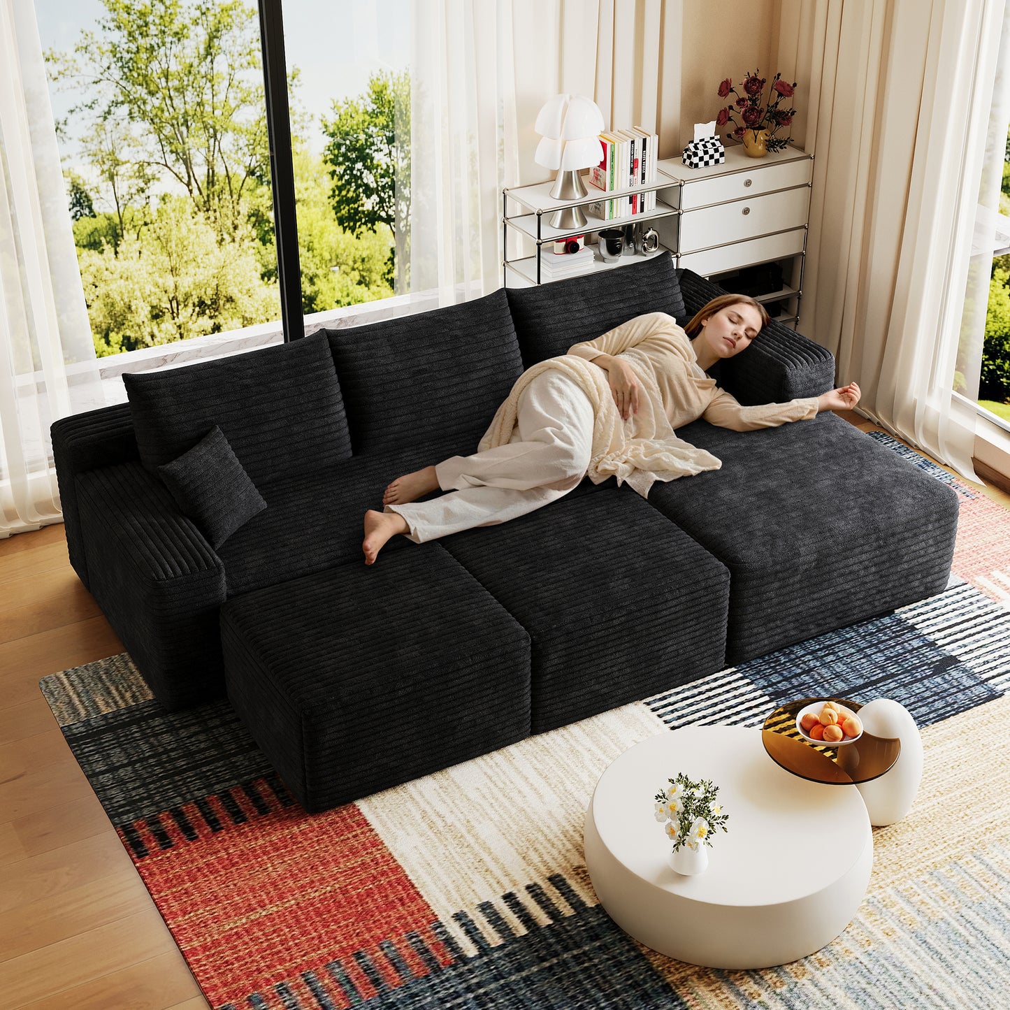 95" Cloud Sectional Sofa with 2 Ottoman,Modern Minimalist Upholstered Couches, Comfort U Shaped Sofa for Living Room,Deep Seat Corner Couch,No Assembly Required,Black (Plush Corduroy Fabric) image 3