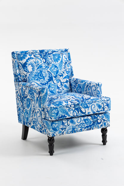 Upholstered Accent Chair, Vintage Armchair with Blue and white porcelain print Linen Fabric and Nailhead Trim for Living Room image 8