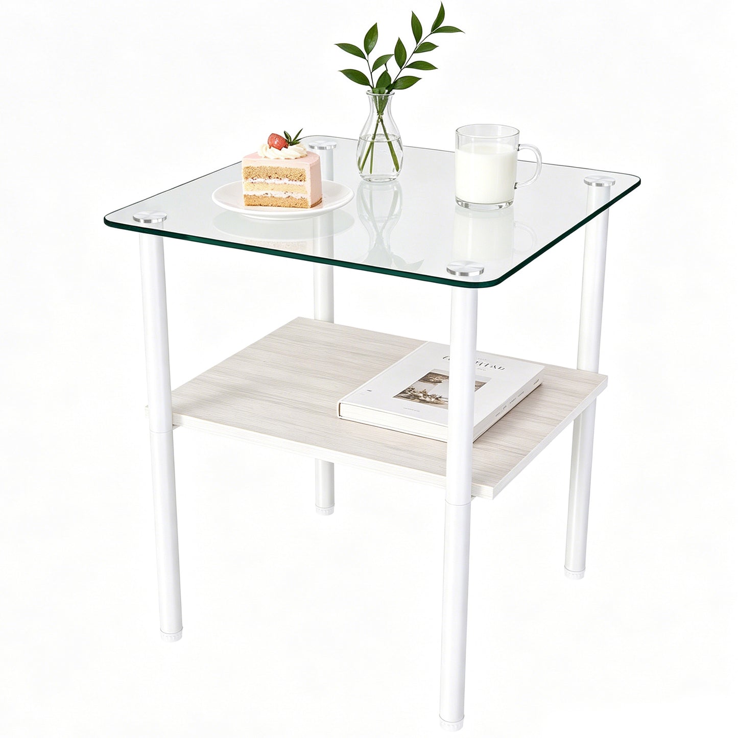 2-piece Modern Rectangular Glass Side Table, Tempered Glass Tabletop, MDF Storage Shelf & Metal Legs, Minimalist Sofa Side Table for Living Room & Bedroom image 7