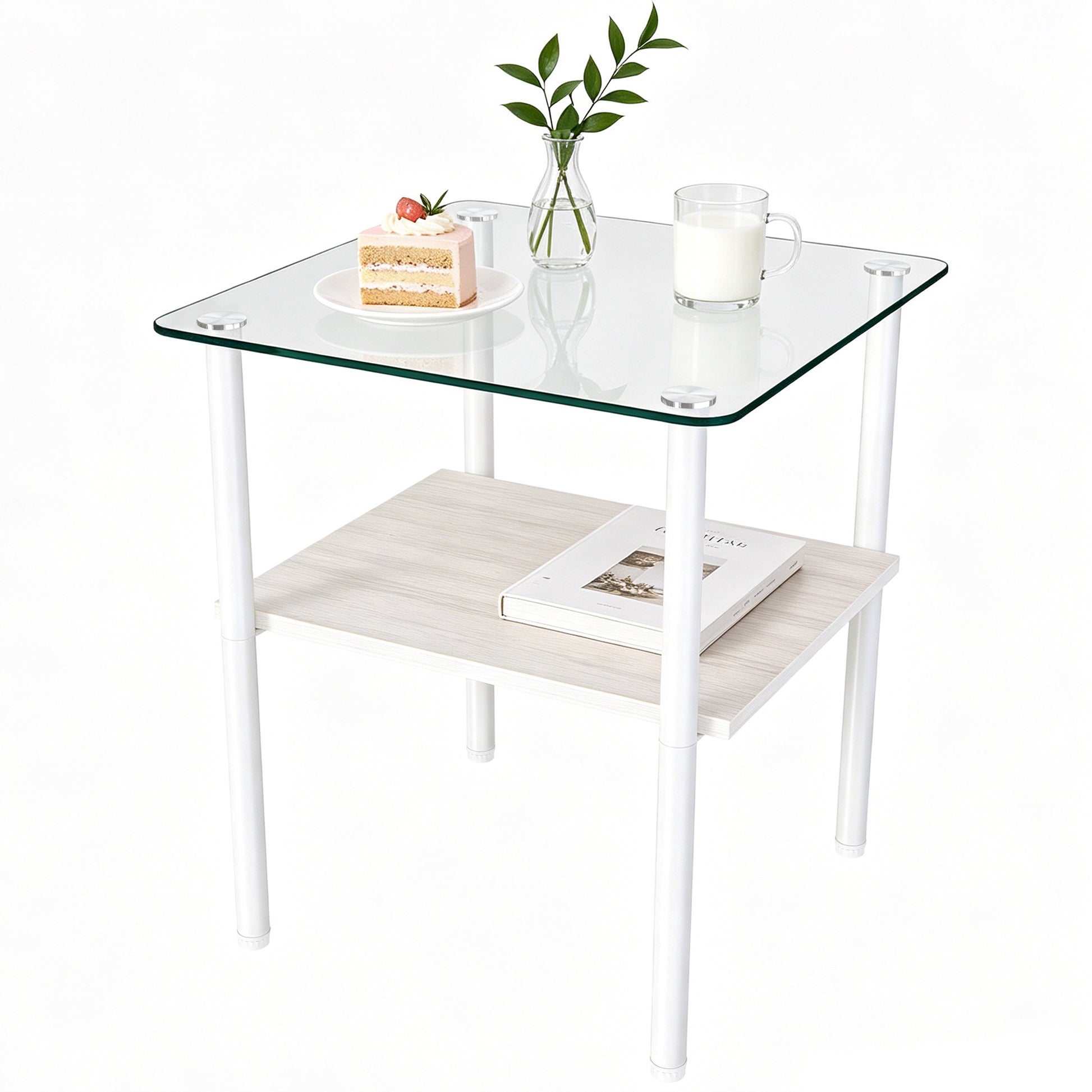 2-piece Modern Rectangular Glass Side Table, Tempered Glass Tabletop, MDF Storage Shelf & Metal Legs, Minimalist Sofa Side Table for Living Room & Bedroom image 7