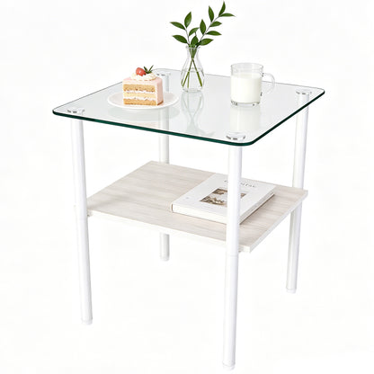 2-piece Modern Rectangular Glass Side Table, Tempered Glass Tabletop, MDF Storage Shelf & Metal Legs, Minimalist Sofa Side Table for Living Room & Bedroom image 7