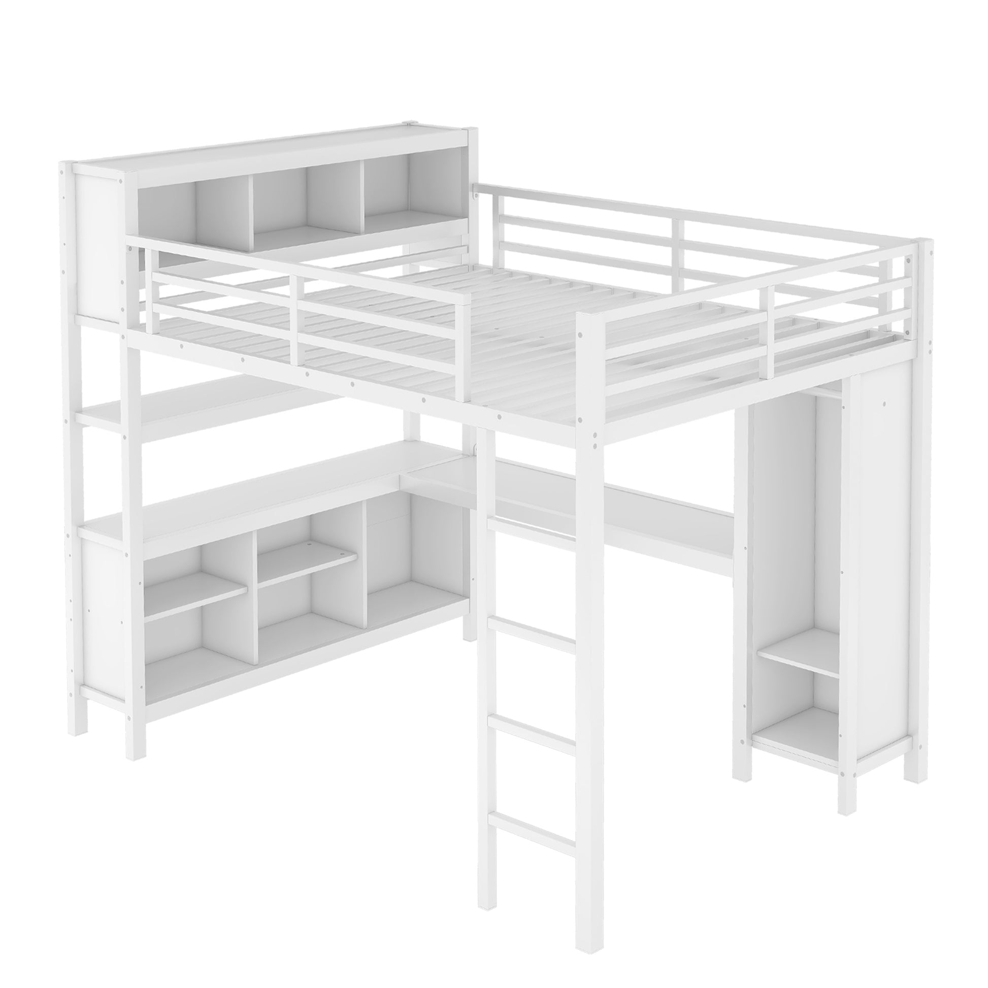 Metal Loft Bed with Wardrobe And L-shaped Desk, Queen Size Loft Bed with Storage Cubes and Shelves, Heavy Duty Loft Bed for Kids Teens Adults, White image 10