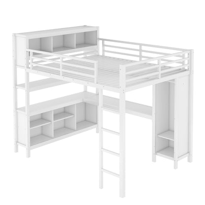 Metal Loft Bed with Wardrobe And L-shaped Desk, Queen Size Loft Bed with Storage Cubes and Shelves, Heavy Duty Loft Bed for Kids Teens Adults, White image 10