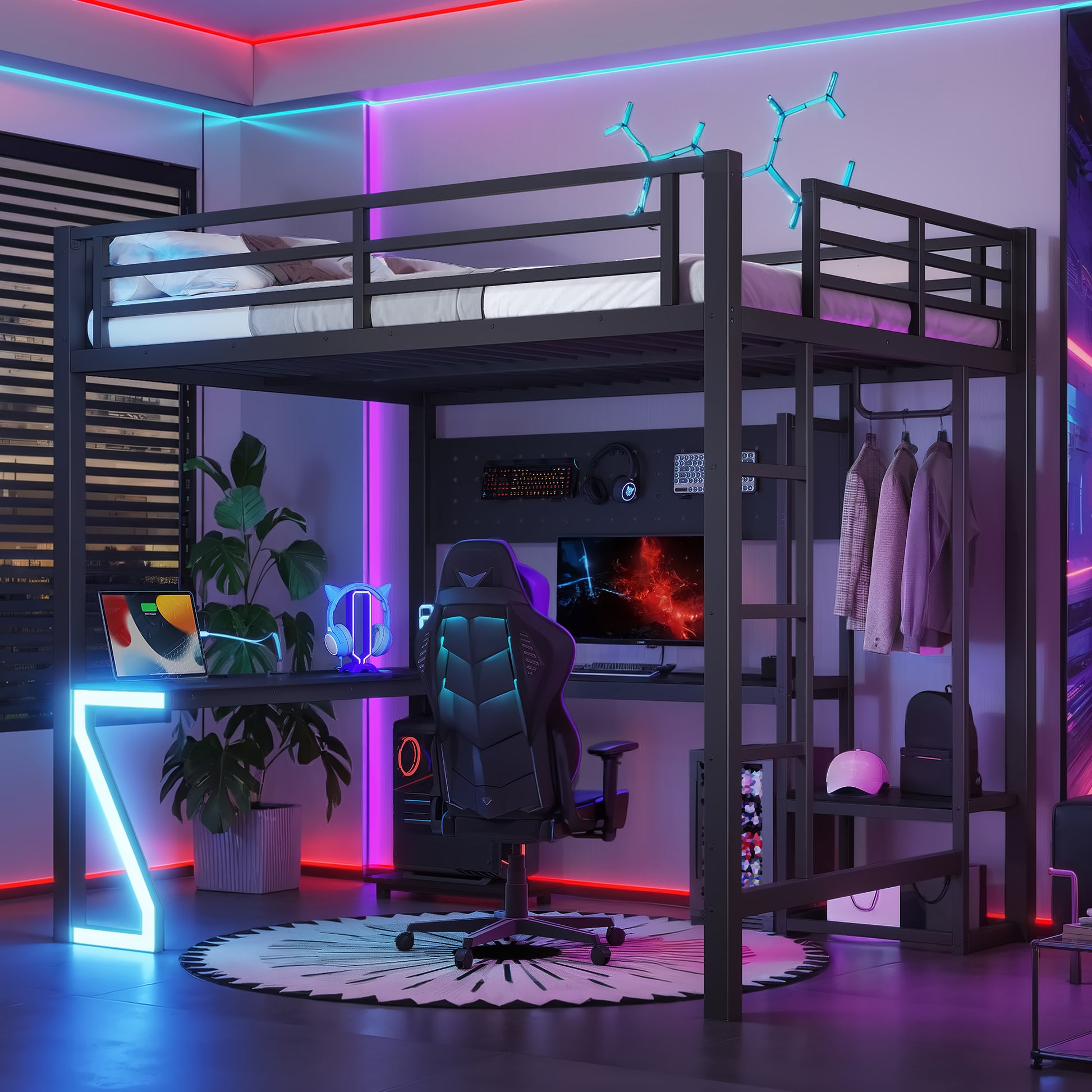 Full Loft Bed with L-shaped Desk and USB Ports, Metal Loft Bed with Computer Tray, Peg Board, and Gaming Style Z-shaped Lights, Black image 2