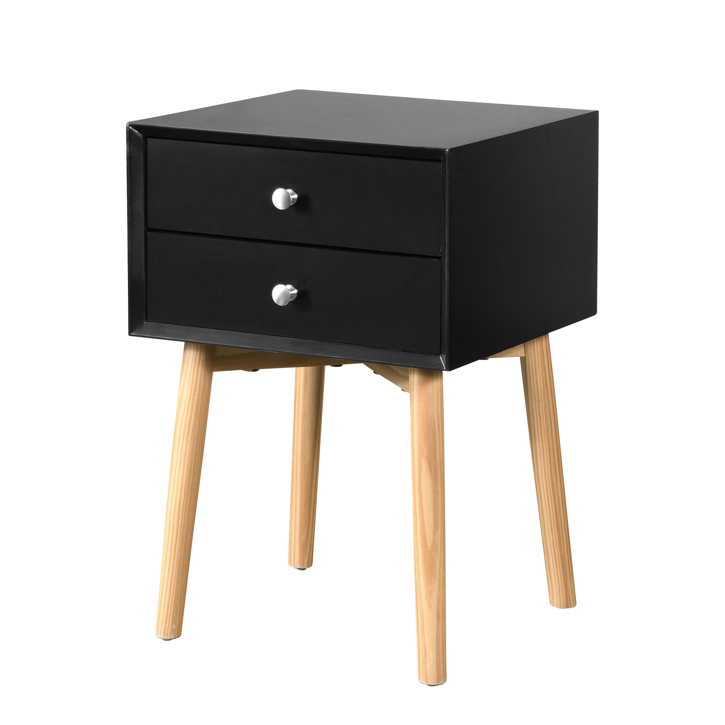 Side Table,Bedside Table with 2 Drawers and Rubber Wood Legs, Mid-Century Modern Storage Cabinet for Bedroom Living Room, Black image 2