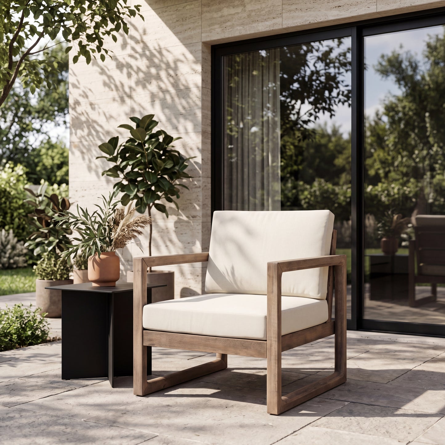 Outdoor Acacia Wood Patio Club Chair, Wood Patio Furniture,Waterproof Thick Cushion Deep Seating for Porch, Garden, Backyard, Balcony, Brown Wash and Beige Cushion image 1
