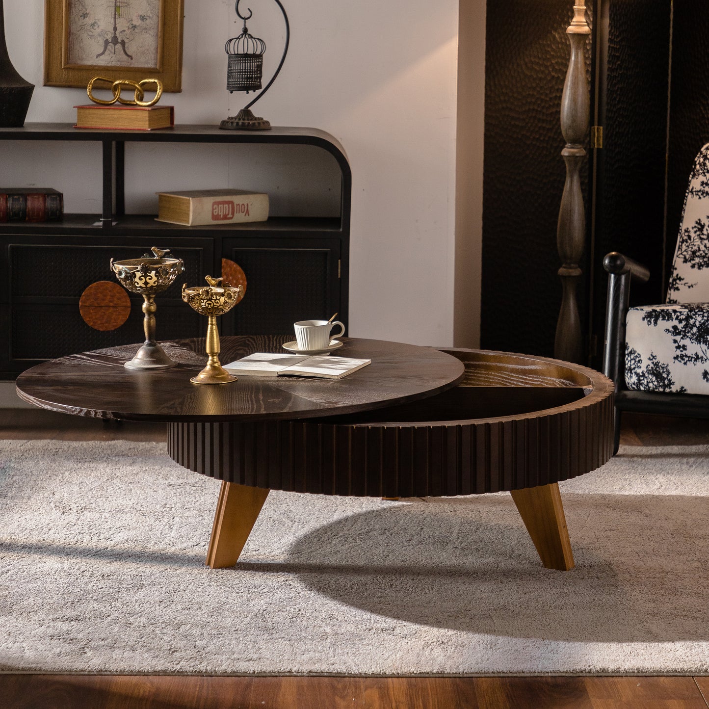 39.37" Retro Round Coffee Table with Storage Space, Suitable for Living Room and Office, Brown image 3
