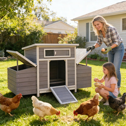 Gray Wooden Chicken Coop, Large Outdoor Hen House with Run and Nesting Box Poultry Cage, Rabbit Hutch, Waterproof Anti-UV Panel for Backyard image 1