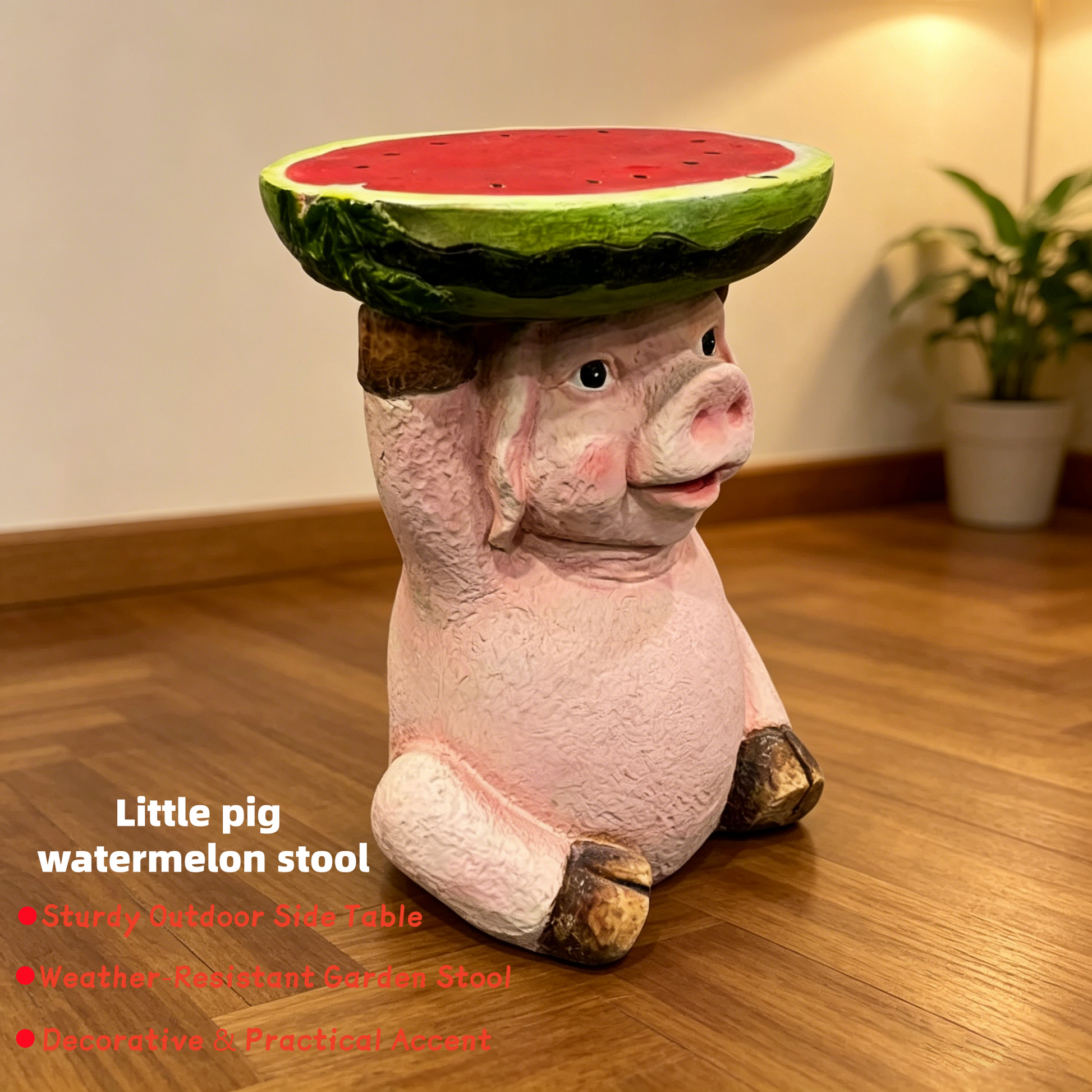 13.39" High Cute Pig Side Table, 11.34" Wide Resin Pig with Watermelon Top, Multi-Functional Plant Stand & End Table for Home & Garden Decoration image 2
