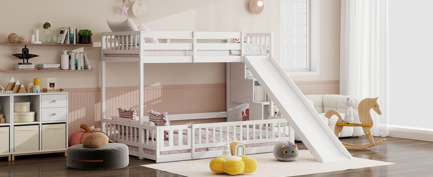 Twin Over Full Bunk Bed with Slide, Storage Staircase, Pine Solid Wooden Bunk Bed with Safety Guardrails,White (Old Sku W504S00185) image 11