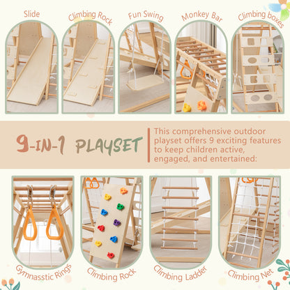 9-in-1 Slide and Climbing Wall for Toddlers 3+, Wooden Indoor Play Structure, Heavy Duty 176 lbs Capacity, Safe Rounded Edge Natural Wood, Balance & Strength Toy Gift image 6