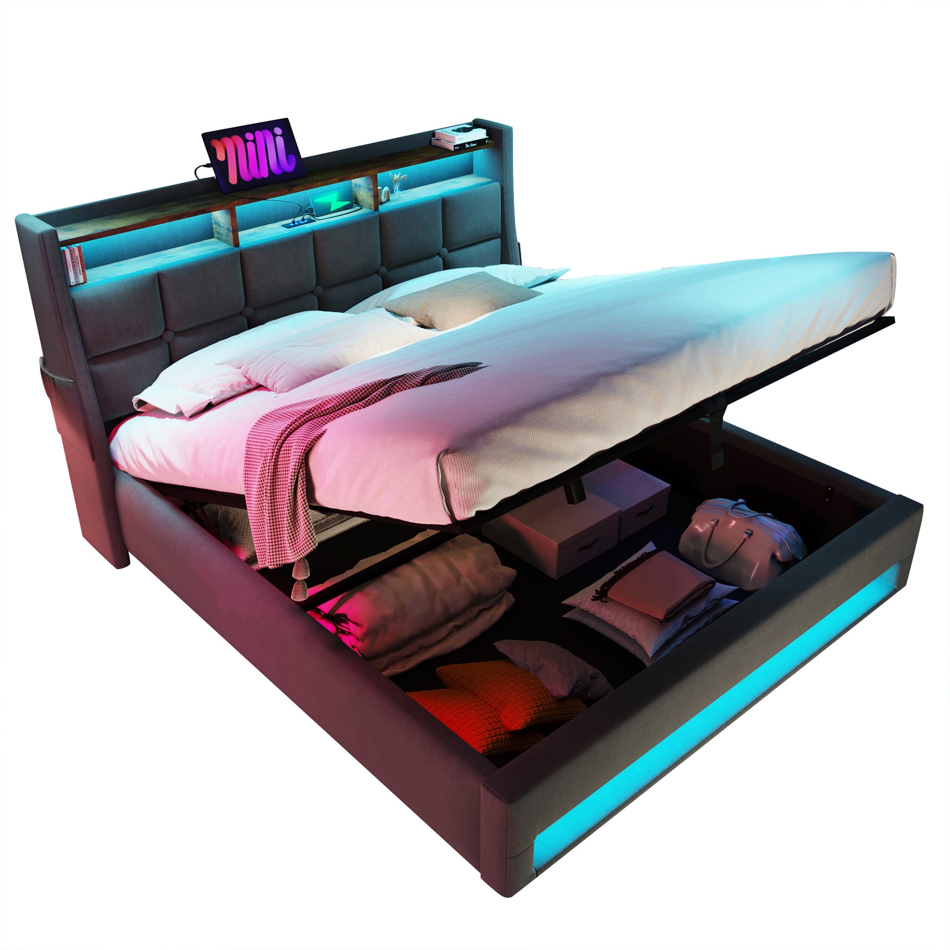 (=AA20690910G) Queen size Upholstered Platform bed with a Hydraulic Storage System, LED and Charging Station, No Box Spring Needed, Easy Assembly, Noise-Free, Grey (without mattress) image 10