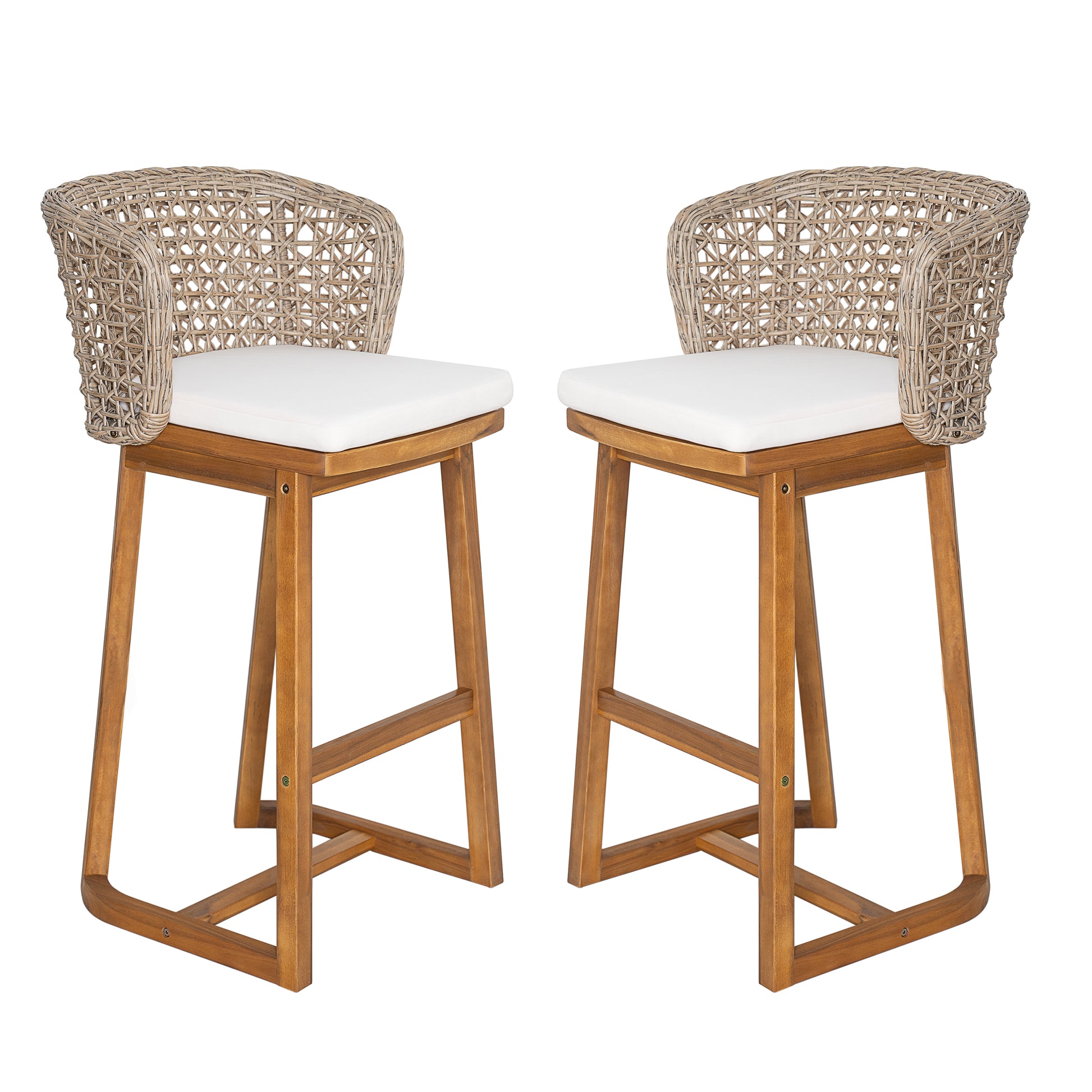 Outdoor Acacia Wood Bar Stools (Set of 2), Teak Finish Bar Height Chairs with Beige Cushion & Light Brown Wicker Back, Counter Height Stools for Patio, Poolside, Kitchen Island image 4