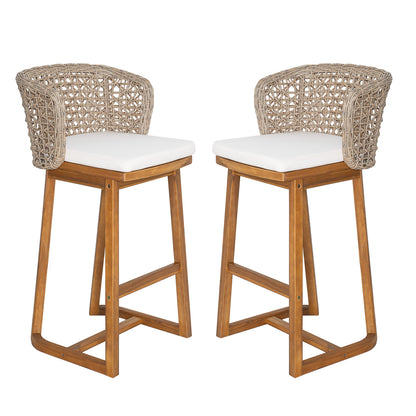 Outdoor Acacia Wood Bar Stools (Set of 2), Teak Finish Bar Height Chairs with Beige Cushion & Light Brown Wicker Back, Counter Height Stools for Patio, Poolside, Kitchen Island image 4