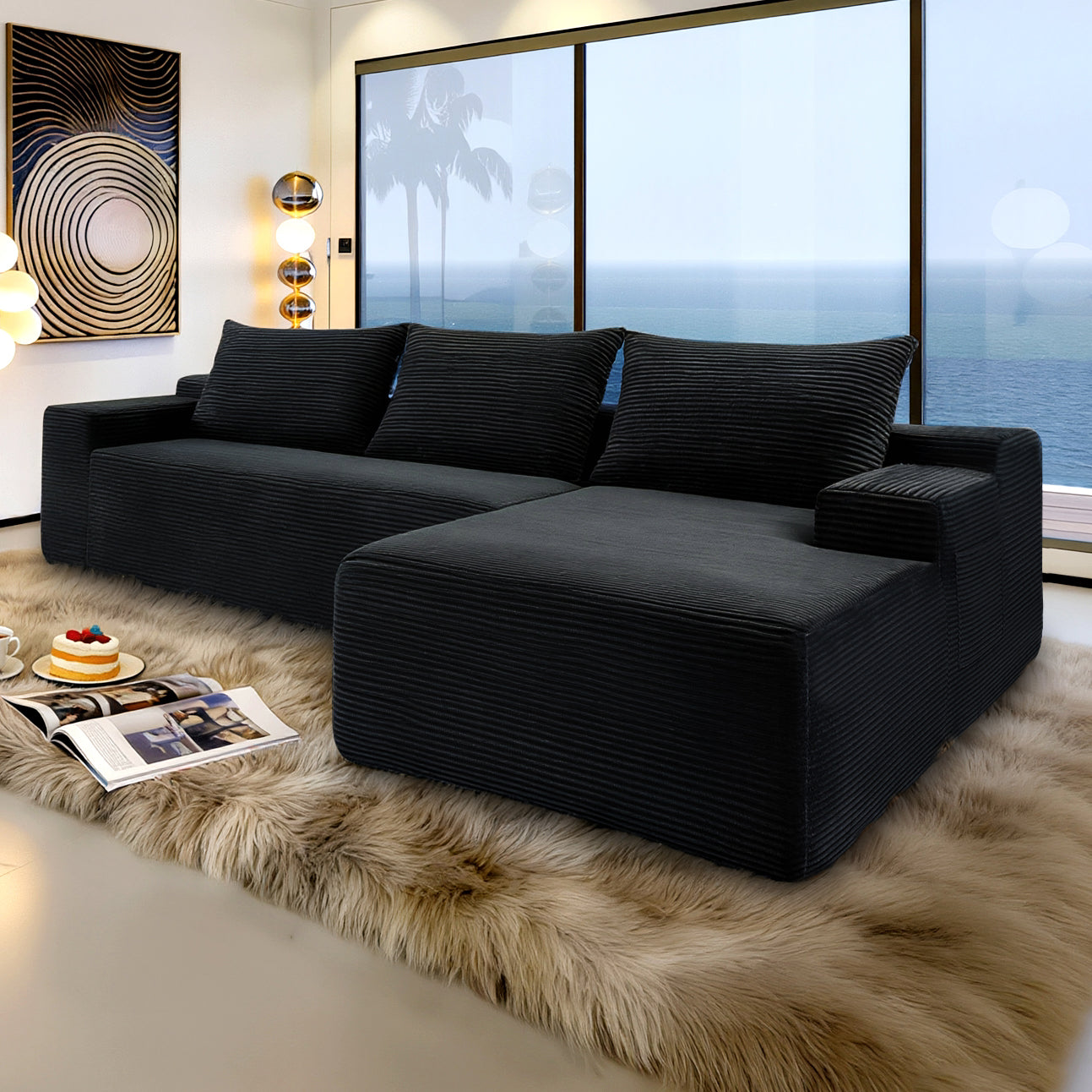 NEW2 96.9" Cloud Sectional Couch with L-Shape Chaise,Modern Modular Sofa with Deep Seat, Upholstered Couches for Living Room Bedroom,No Assembly Required, (Corduroy Fabric),Black,Right image 2