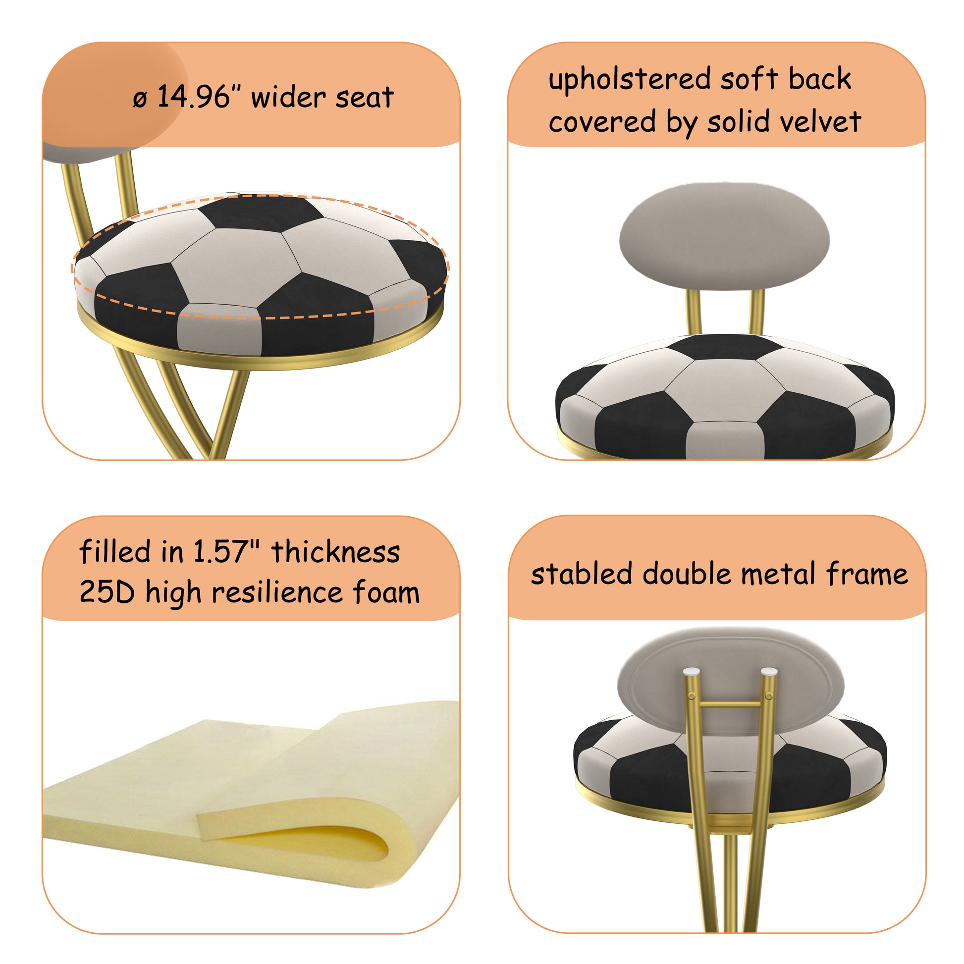 Football Print Bar Stools Set of 2 Upholstered Counter Height Barstool for Kitchen Island S-shaped Velvet Metal Dining Chairs (Gold Frame & Creamy White Back) image 11