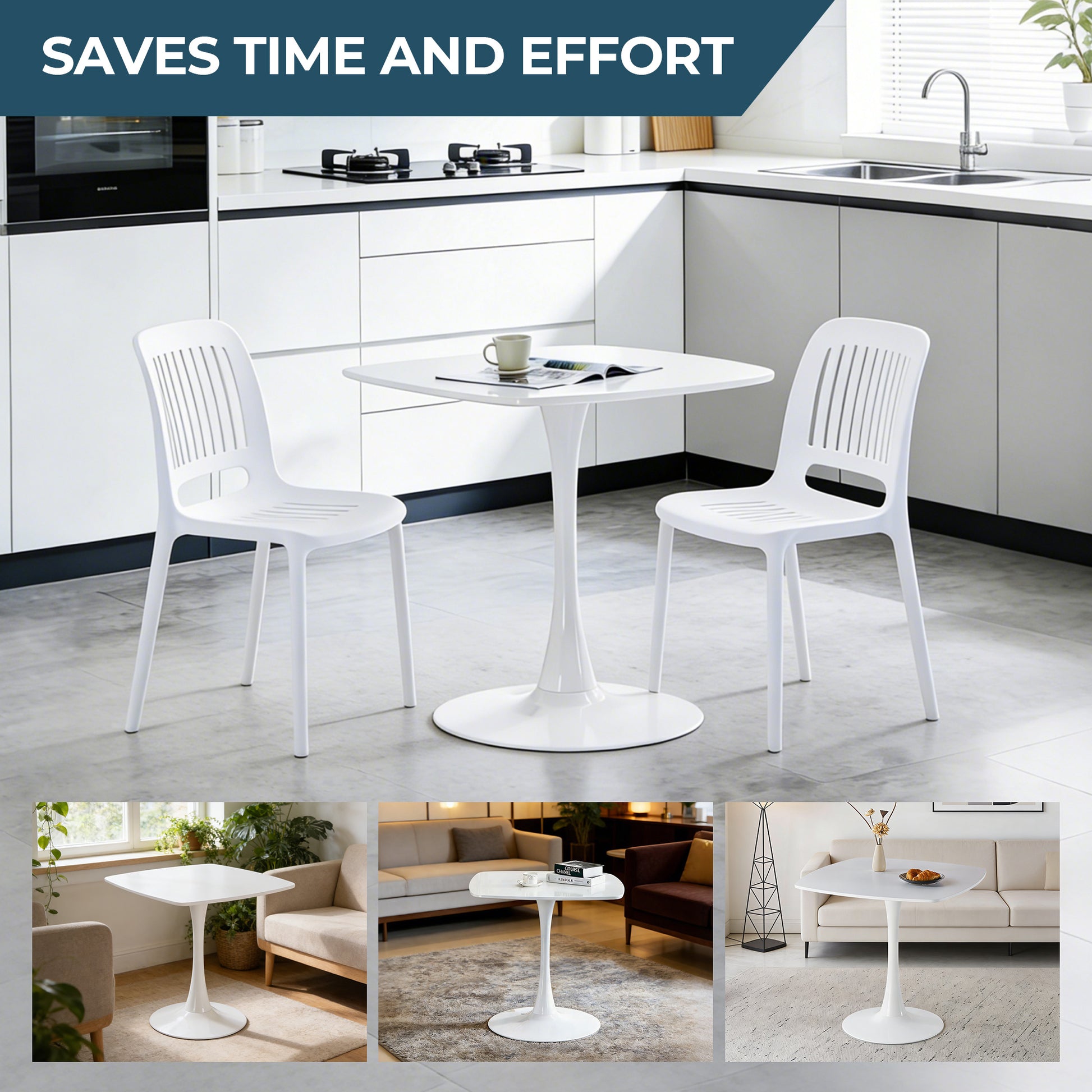 White Square Tulip Table for 2-3 Person, 24" Small Dining Table with Metal Pedestal Base, Modern Kitchen Table for Small Space, Apartment, Bistro, Cafe, Office & Living Room, Matte White MDF Top image 6