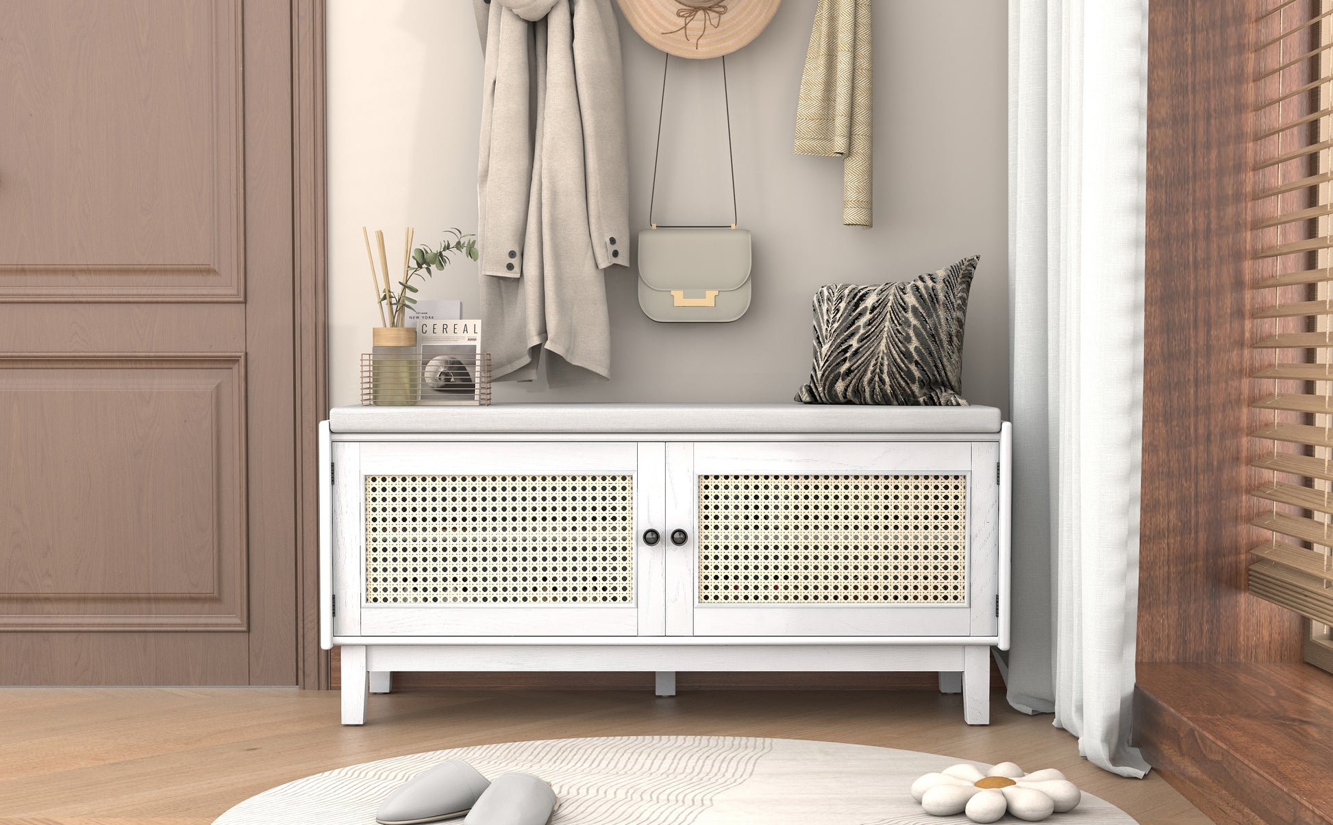 TREXM Boho Rattan Entryway Bench with Storage, Cushioned Shoe Bench with Double Doors, Wooden Shoe Organizer Bench for Entryway and Hallway (White+Beige) image 2