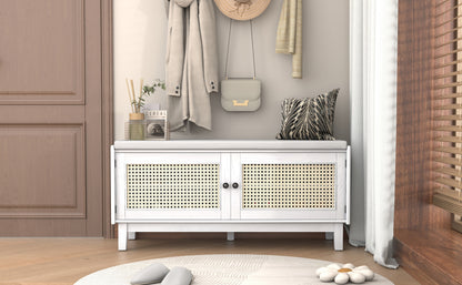 TREXM Boho Rattan Entryway Bench with Storage, Cushioned Shoe Bench with Double Doors, Wooden Shoe Organizer Bench for Entryway and Hallway (White+Beige) image 2