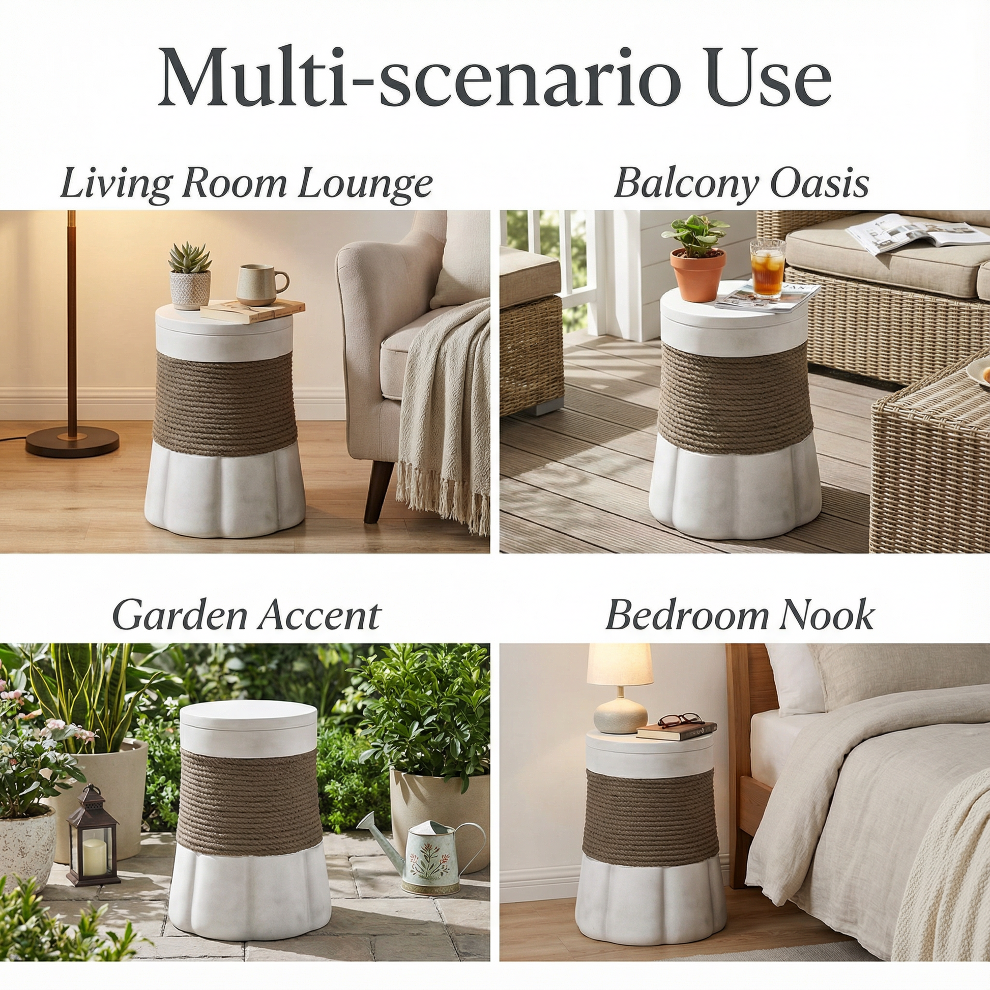Outdoor Light Gray & Brown Retro Woven Rope & Fan-Base MGO Side Table – End Table for Home, Office, Living Room & Outdoor image 6