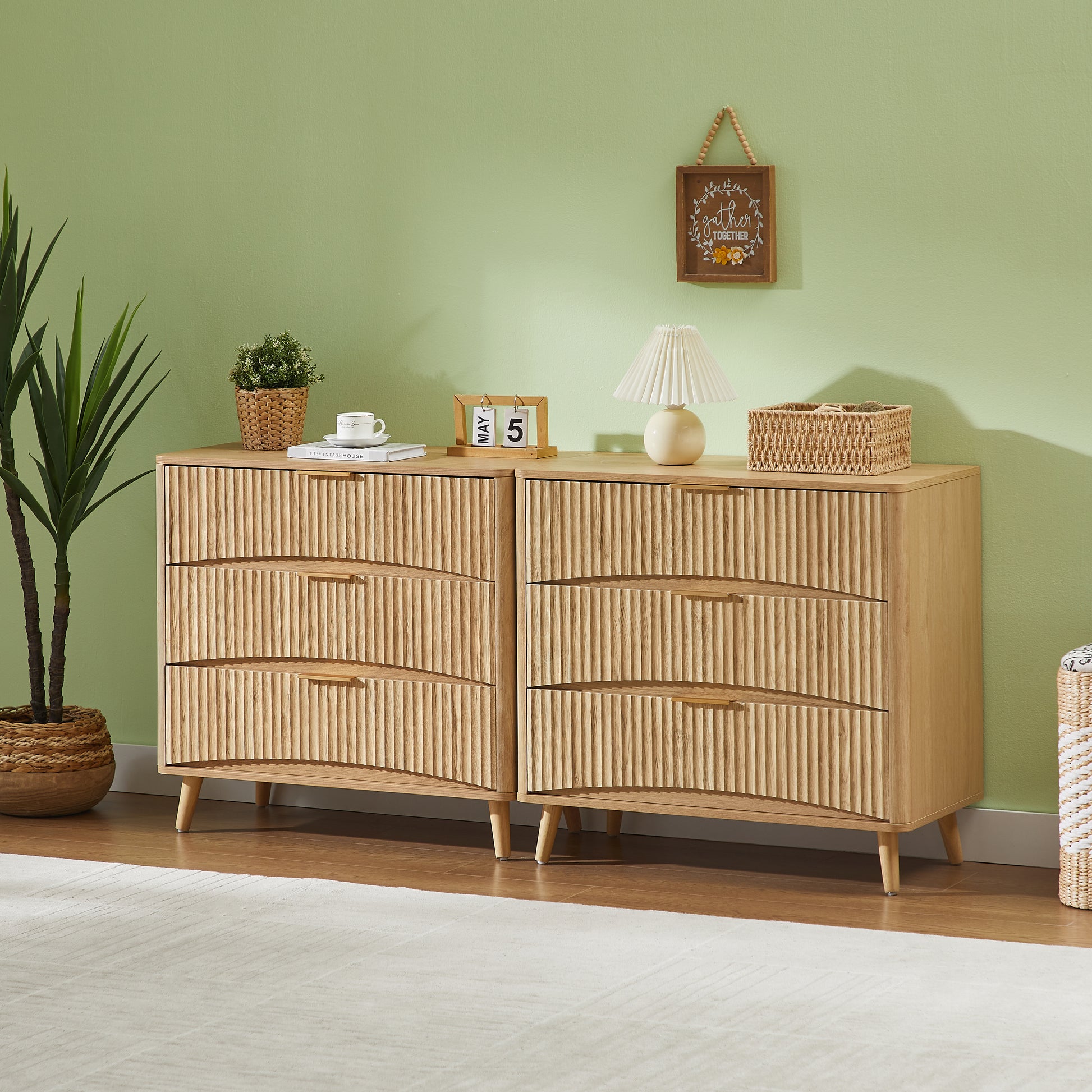 Fluted 3 Drawer Dresser Set of 2, Modern Tall Chest of Drawers with Vertical Grooved Design, Wood Storage Cabinet with Metal Handles for Bedroom Living Room, Oak. (23.6"W x 15"D x 30"H). image 1