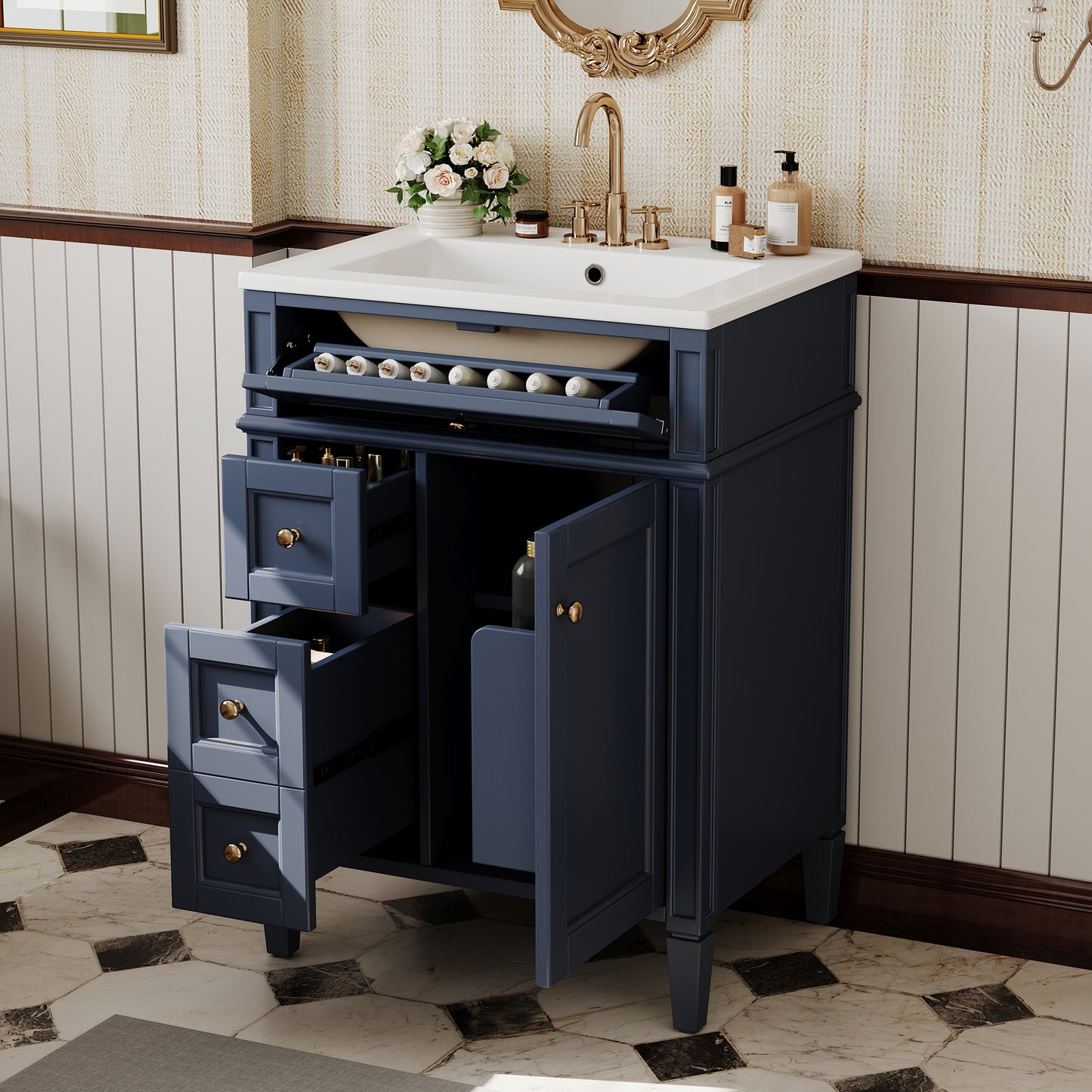 24'' Bathroom Vanity with Top Sink, Modern Bathroom Storage Cabinet with 2 Drawers and a Tip-out Drawer, Single Sink Bathroom Vanity image 4