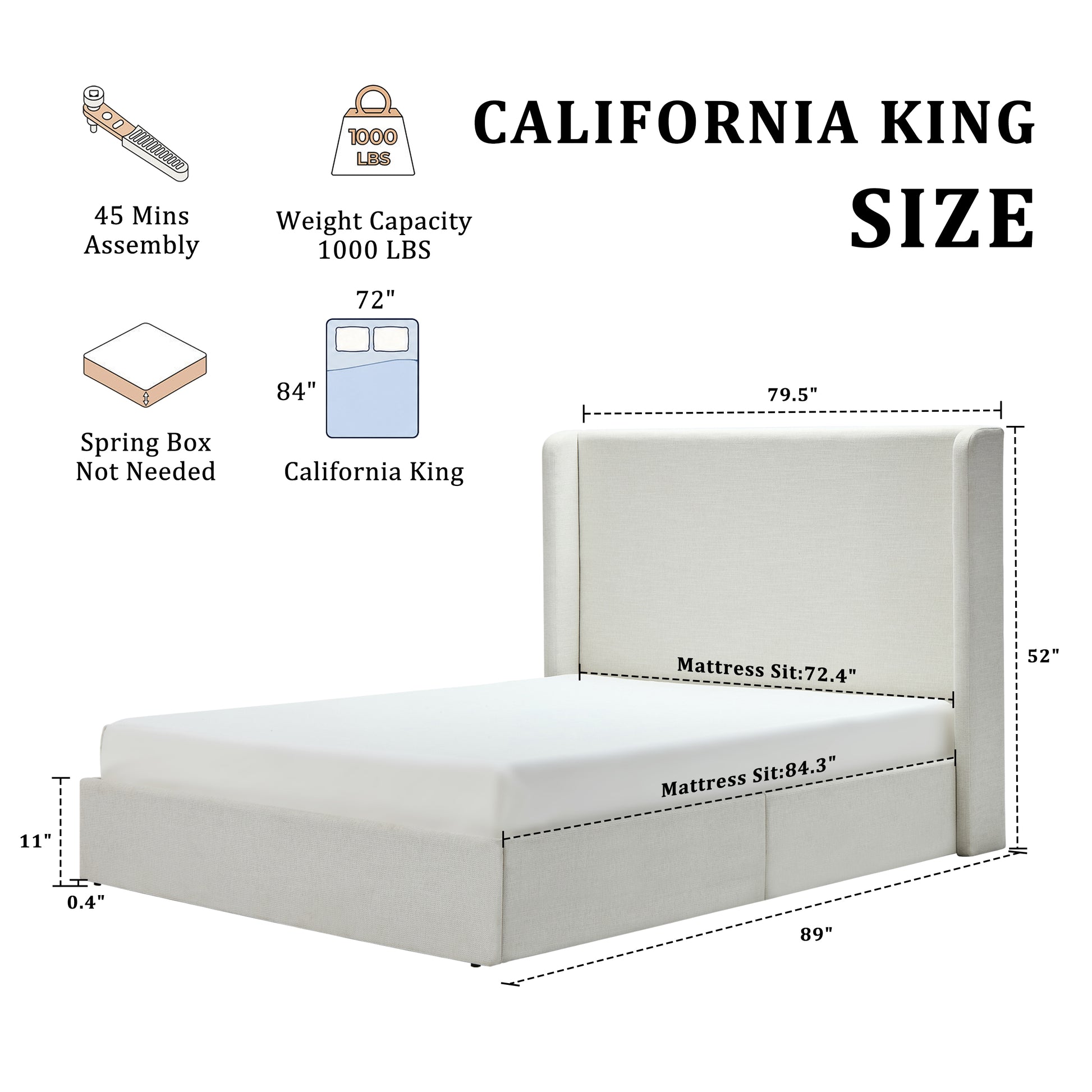 Carmen Upholstered Wingback Bed / Upholstered Platform Bed Frame / 52" High Headboard / Simplicity / Minimalist / No Box Spring Needed / California King / Textured Ivory Canvas / No Noise image 8