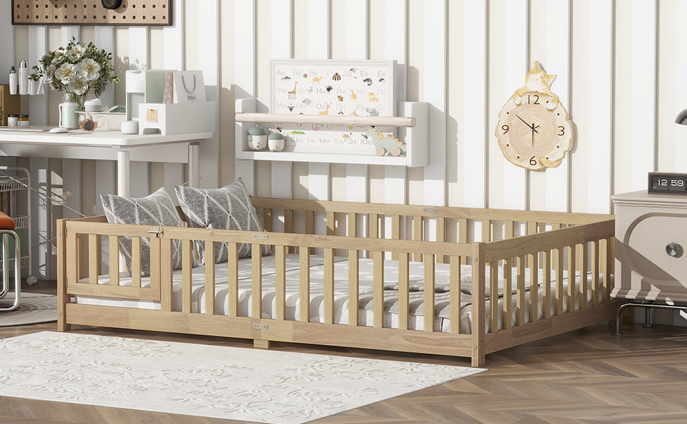 Full Size Floor Bed with Fence and Door,Rubber Wood Floor Bed with Safety Guardrails,Natural (Old Sku W504P286380) image 6