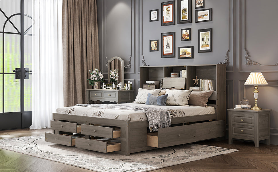 King Size Platform Bed with Storage Headboard and 8 Drawers, Gray image 5