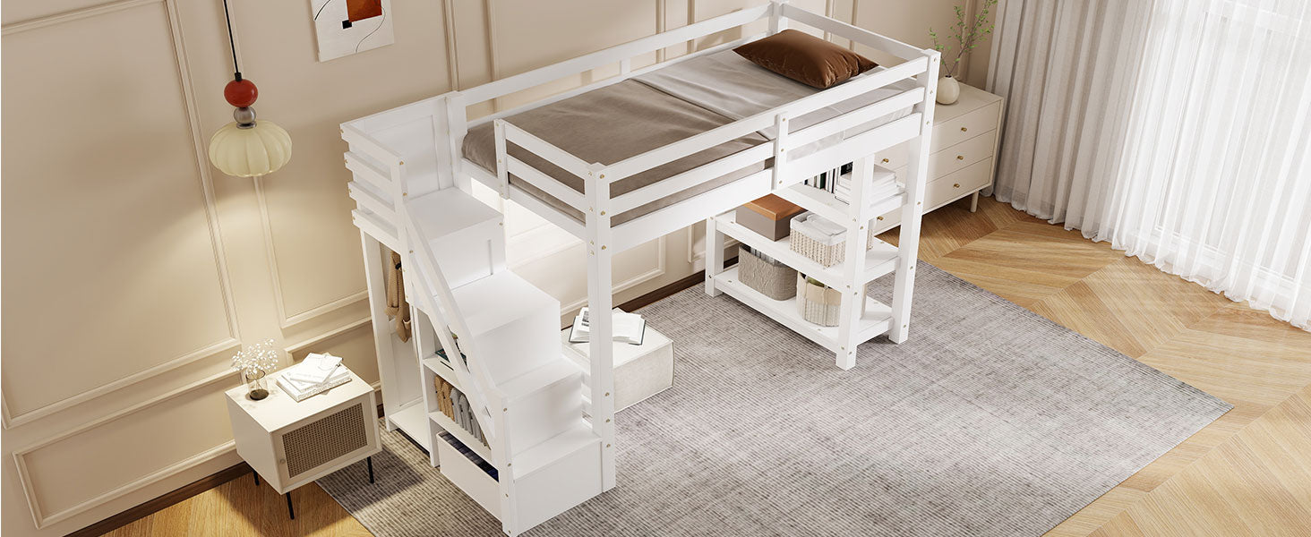 Twin Size Loft Bed with Shelves, Storage Staircase, Small Wardrobe and White LED Light, White image 11