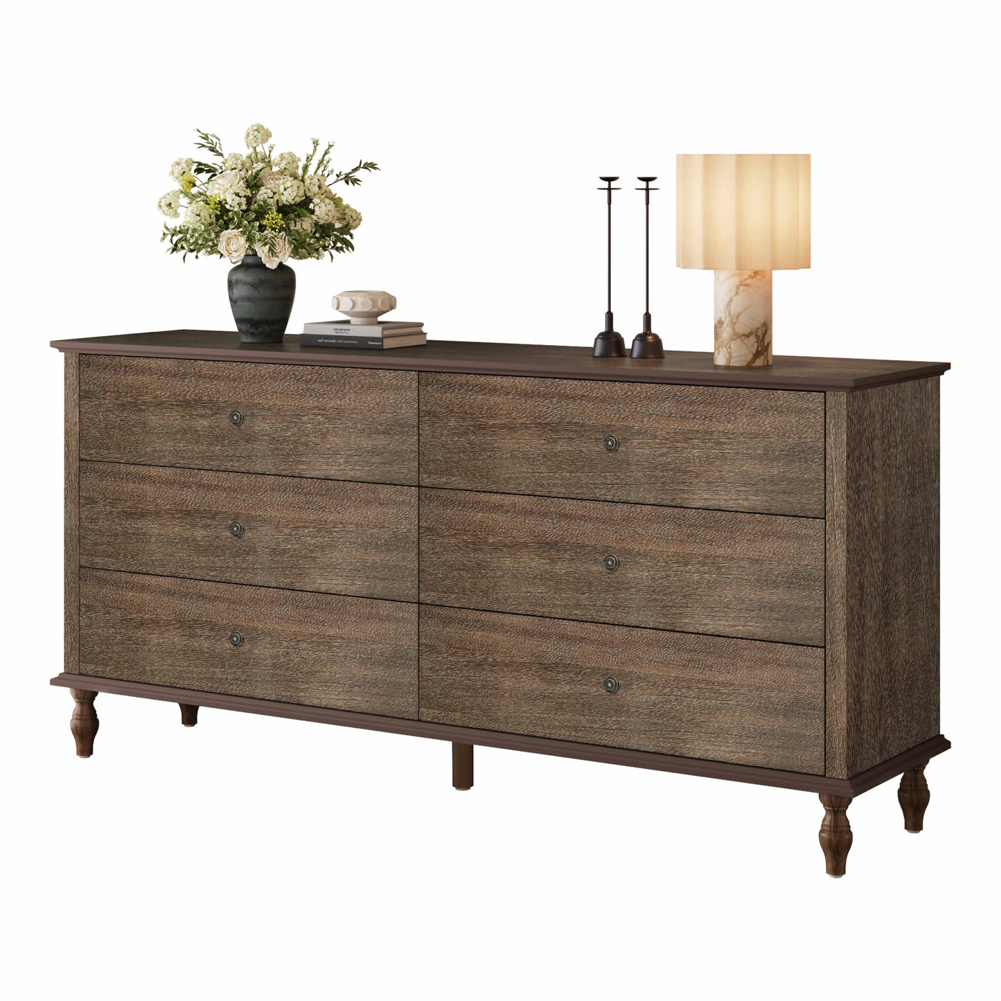6-Drawer Double Wide Wood Dresser for Bedroom, Deep Brown Burnt Wood Finish Storage Chest with Self-Closing Slides, Metal Copper Handles, Solid Wood Roman Column Legs, Anti-Tip Kit Included image 11